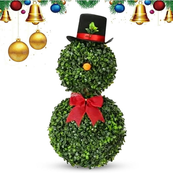 HHBEAUTY Christmas Snowman Topiary 30'' Artificial Snowman Shaped Topiary Tree Pot with Red Bow Santa Hat Boxwood Topiaries for Christmas Indoor Outdoor Home Porch Decor