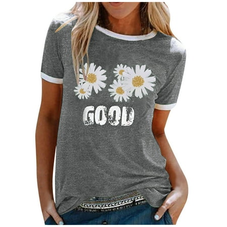 

Spring Summer Tops For Women Letter Daisy Print Short-Sleeved Patchwork Womens Shirts
