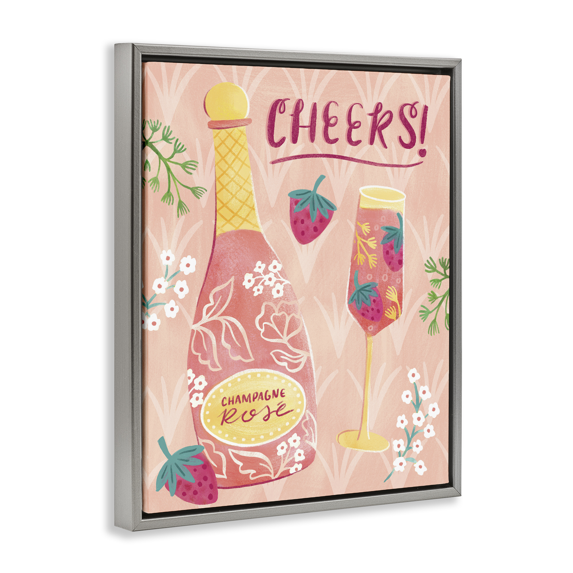 Stupell Industries Floral Rose Champagne Food & Beverage Painting Gray Floater Framed Canvas Art Print Wall Art, 17 x 21