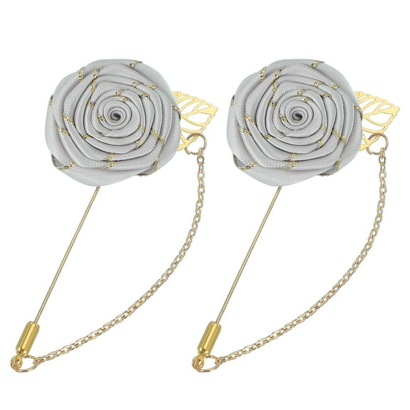 2 Pcs Rose Lapel Pin for Men Suits, Men Cloth Rose Flower Brooch Pin Handmade Boutonnieres Pins with Gold Leaf/Chain Brooch for Men Suit Accessories, Silver Grey