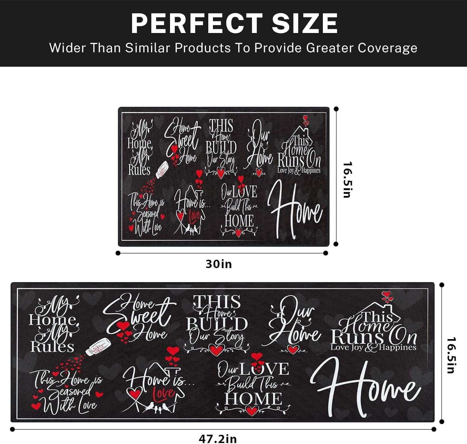 Black Kitchen Rugs and Mats Non Skid Washable Set of 2, Red Love Heart Kitchen Mats for Floor, My Sweet Home Kitchen Runner Rug, Modern Phrase Doodle Kitchen Decor