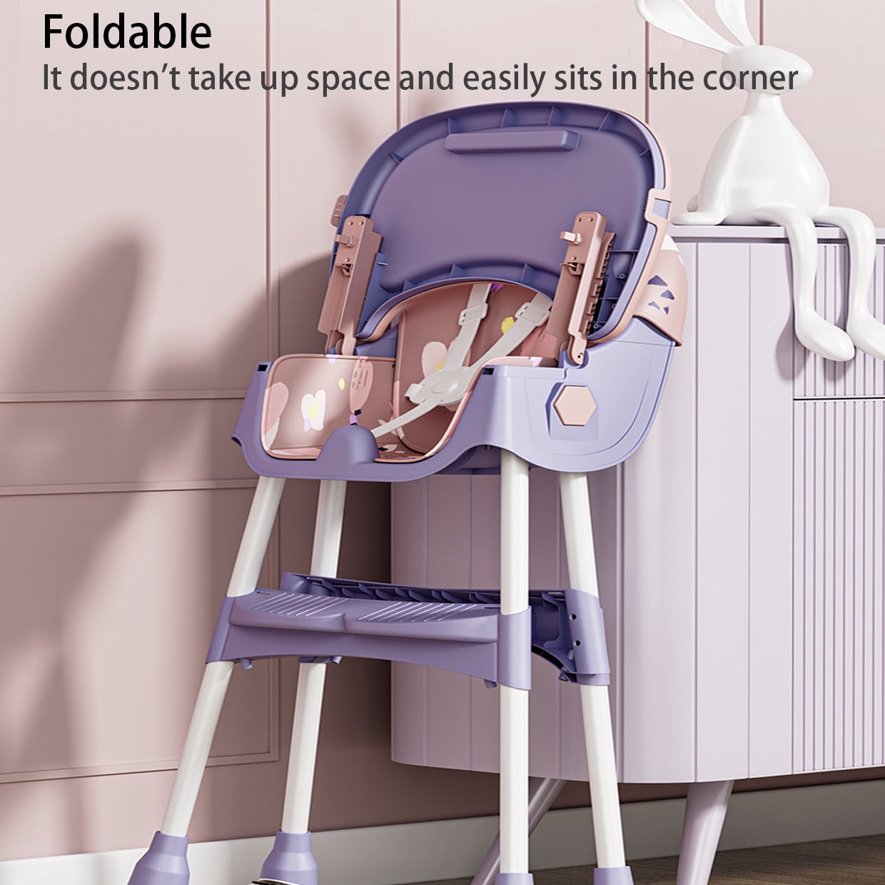 JieC Baby High Chair, 4 in 1 Convertible Highchair for Babies & Toddlers, Double Tray Dining Chair with 5-Point Harness & Silent Wheel,Pink Purple