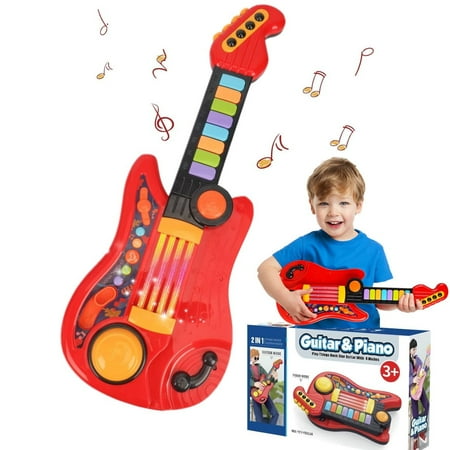 PVUEL 19in Kids Flash Guitar, Pretend Play Musical Instrument Toy Gift for Toddlers Boys and Girls w/ Mic, Adjustable Stand - Blue