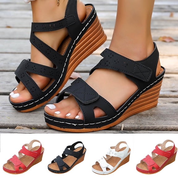 XUNKUSGA Wedge Sandals for Women Fashion Comfortable Open Toe Ankle Strap Sandals Women Classic Slip-On Arch Support Women Walking Shoes,White