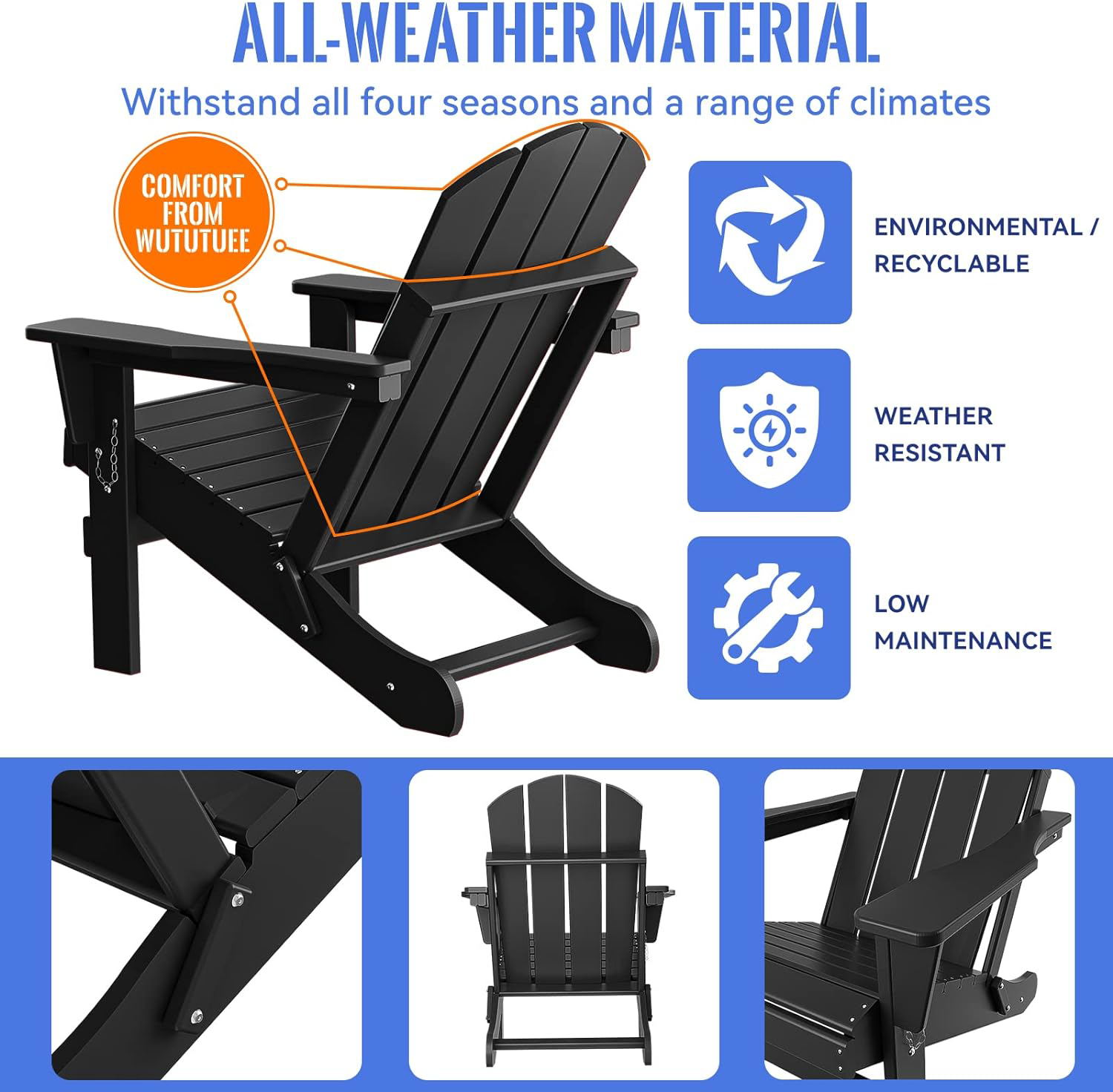 Banome All-Weather Folding Adirondack Chair - Stackable, Ergonomic Design, Relaxing Arm Rests - HDPE Construction