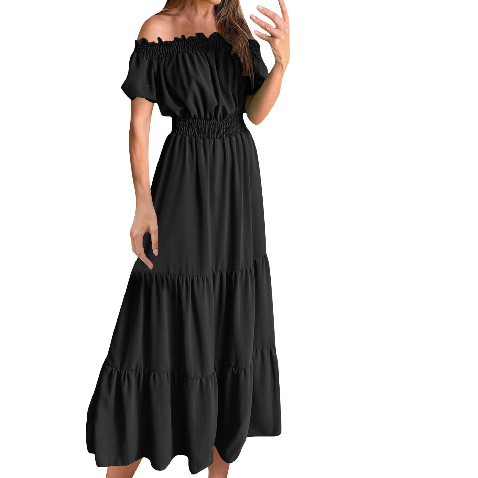 gljltg Ladies Elegant Summer One-shoulder Solid Color Short-sleeved Elastic Waist Women's Dress with Print, Stylish Fashionable for Women, Ladies, Suitable for Casual, Party, Daily, Beach