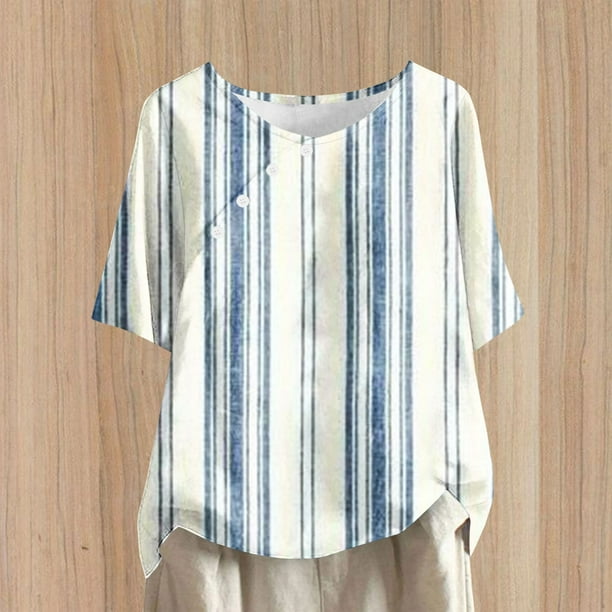 Fiudx Ofertas y Liquidaciones Top de Manga Corta con Cuello Redondo y Botones de Lino con Estampado Informal para Mujer