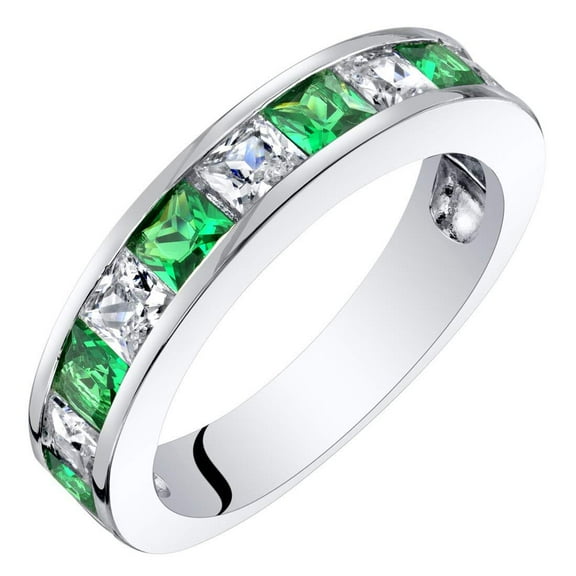 PEORA Simulated Emerald Half Eternity Wedding Ring Band for Women 925 Sterling Silver, 1 Carat total Princess Cut, Size 9