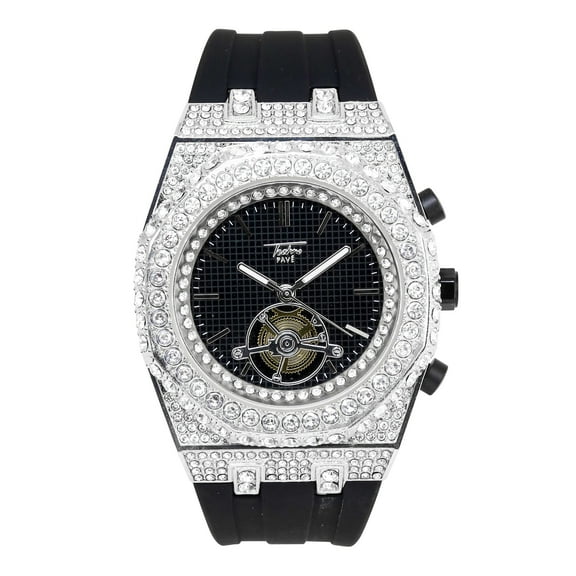 Men's 43mm Iced Out Octagon Watch – Diamond Dial, Silicone Band, Quartz Movement, Luxury Hip-Hop Fashion - Silver Black Dial