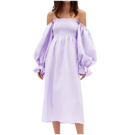 

Dresses for Women 2022 Summer Dress Women s Autumn and Winter Solid Color Pleated Drape Solid Color Lantern Sleeve Long Sleeve Square-neck Mid-calf Dress Clearance 2022 Corset Dress Purple L