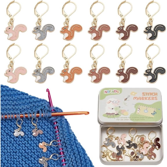 12 Pcs 6 Colors Squirrel Stitch Markers Alloy Enamel Crochet Stitch Marker Locking Stitch Marker with Leverback Clasp Knitting Crocheting Accessories for Marking Direction Guidelines