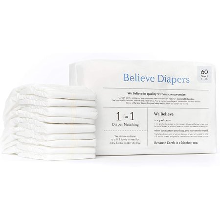 Believe Baby Bamboo Baby Diapers Size 1 - Premium, Super-Absorbent, Hypoallergenic for Sensitive Skin, Chemical-Free, Unscented, Eco-Friendly Diaper for Babies 8-14 lbs - 60 Ct