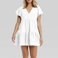 thumbnail image 3 of Cute Dresses for Women Solid Color V-Neck Casual Ruffle Sleeve Pleated Tiered Loose Peplum Pullover Girls Basic Comfy Short Mini Dress, 3 of 6