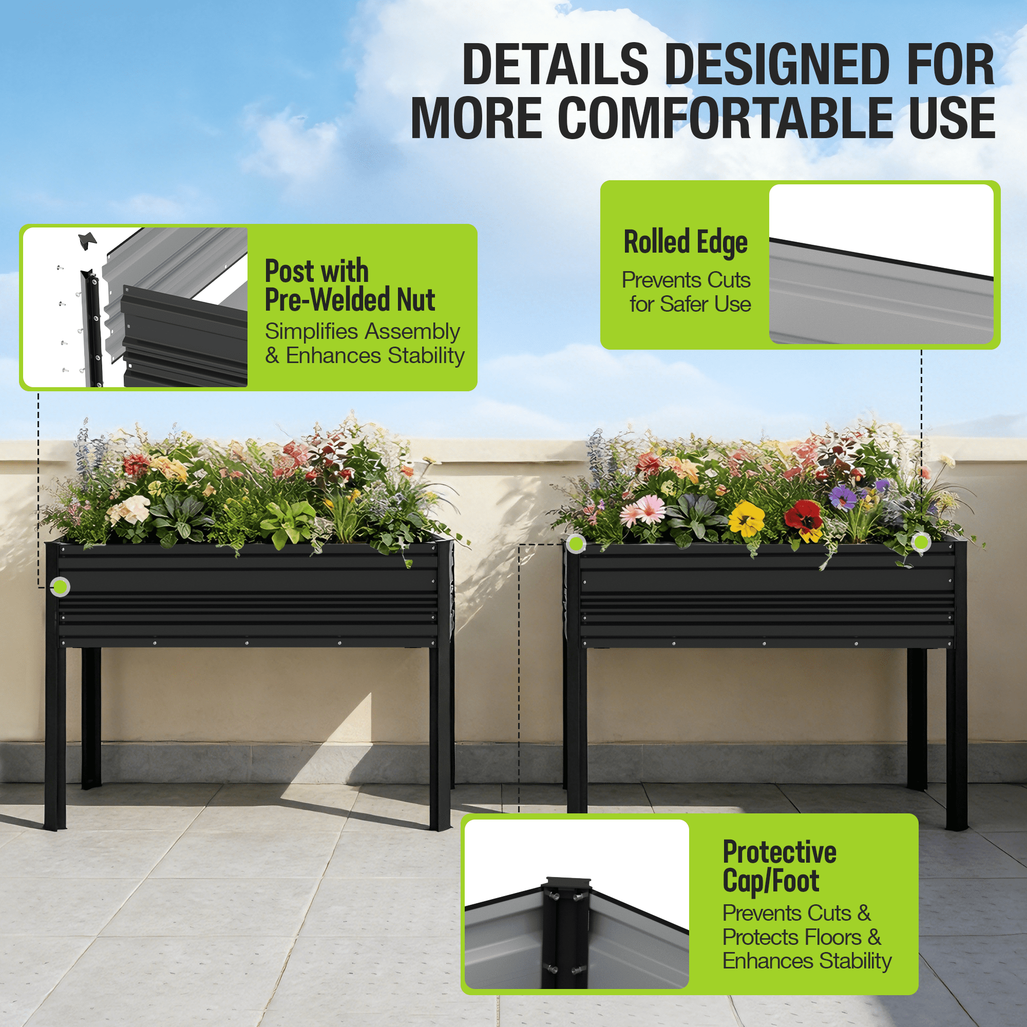 WORKPRO 48x24x32in Outdoor Galvanized Raised Garden Bed with Legs -Black