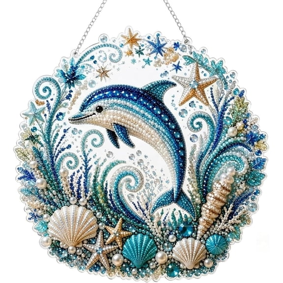 Ocean Pearl Art DIY Hanging Ornament Kit, 5D Diamond Painting for Adults, Marine Life Suncatcher Window Hanging Decor, Sea Rhinestone Mosaic Craft Kit, Dolphin