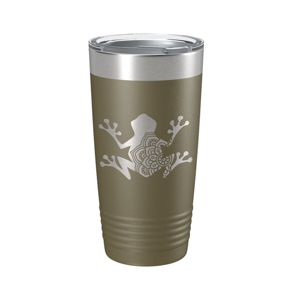 Frog Mandala Tumbler Travel Mug Insulated Laser Engraved Coffee Cup Frog Zentangle Pattern Design Gift 20 oz Olive Green