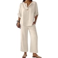 thumbnail image 5 of Women's 2 Piece Lounge Set, 3/4 Sleeve V Neck Casual Top and Wide Leg Pants, Soft Material Matching Outfit for Daily Wear, Beach Travel and Relaxation-Beige, 5 of 8