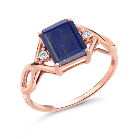 Gem Stone King 18K Rose Gold Plated Silver Ring Emerald Cut Blue Lapis and Moissanite (2.08 Cttw, Size 6)