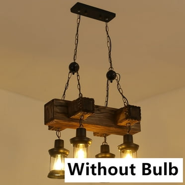 4 Lights Industrial Wooden Hanging Lighting Black Metal Chandelier Farmhouse Vintage Pendant Lamp Glass Lampshade for Pool Table Kitchen Island Bar Retro Ceiling Light