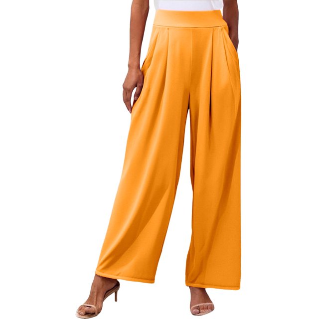 Pantalones palazzo anchos de color liso para mujer: cintura alta con cinturilla elástica, poliéster y spandex, pantalones largos informales con bolsillos laterales.