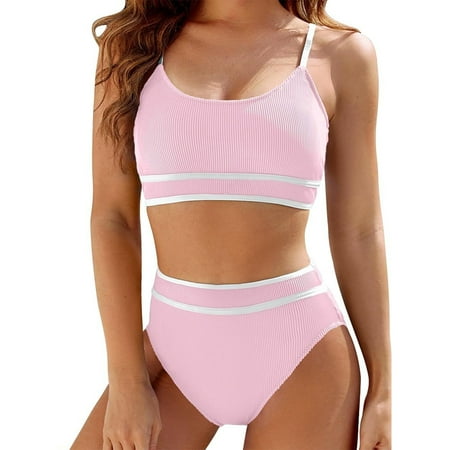 LEBONYARD Padded Underwire Bikini Set Two Piece Swimwear for Women Support Swimsuits for Women Piece Hawaiian Tropical Print Swim Cami Bra and Ruffles Bathing Sets Beachwear Pink L