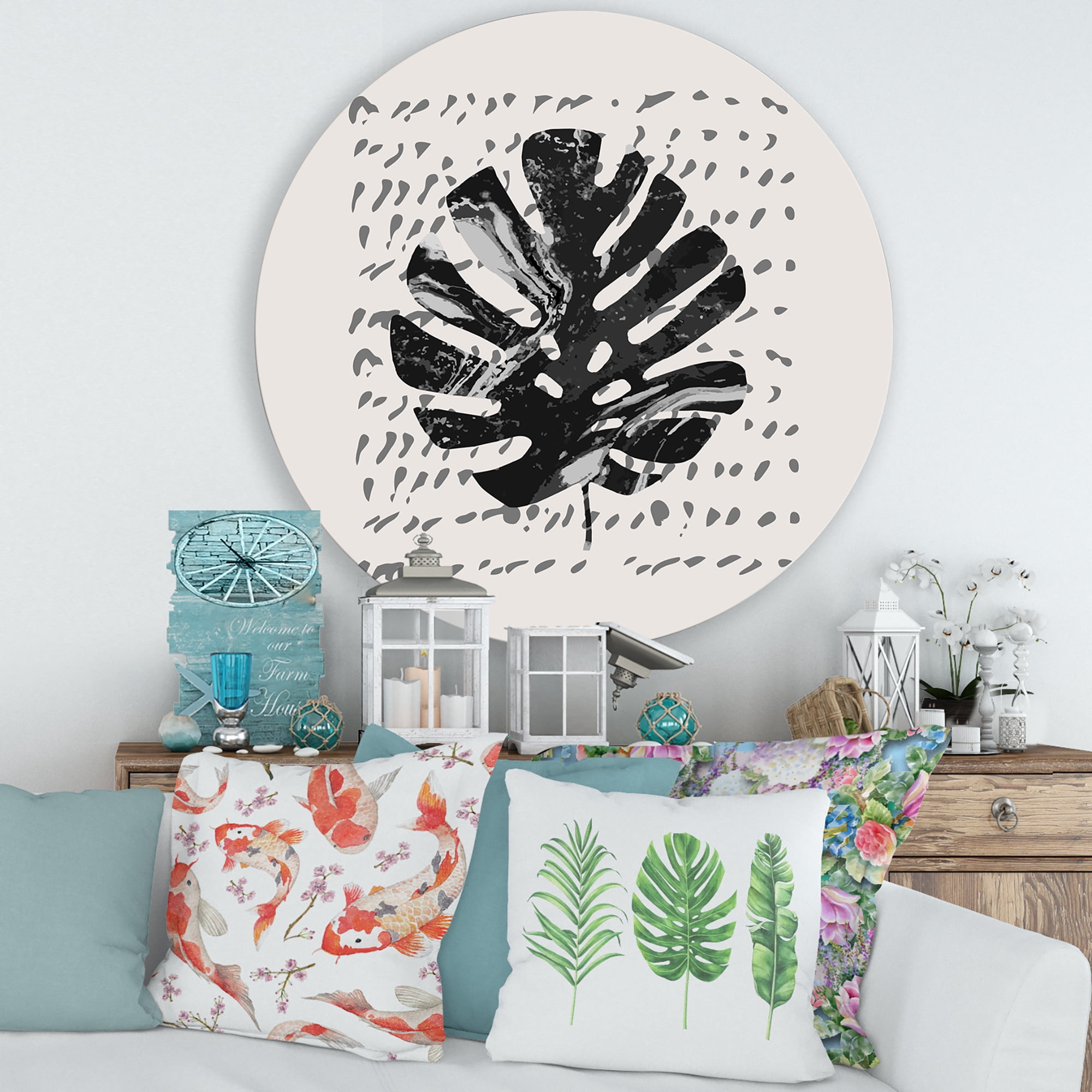 Designart 'Minimal Tropical Palm Leaf Over Grunge Texture' Tropical Circle Metal Wall Art 29x29 - Disc of 29