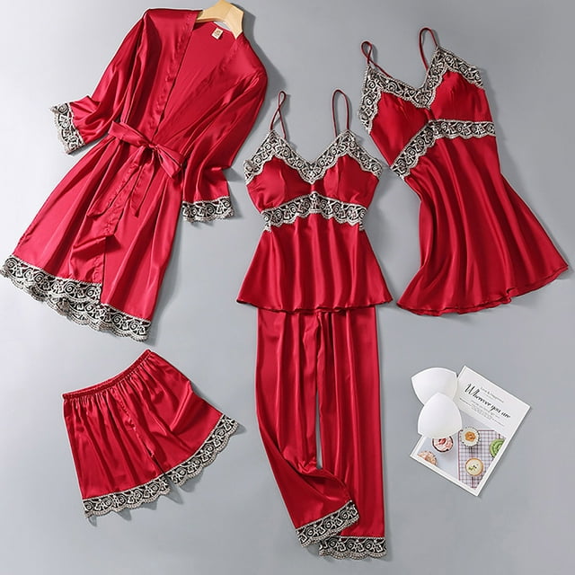 Cadeau TIMIFIS Roses Pyjama en Satin de Soie pour Femme Ensemble 5 Pcs Lingerie Caraco en Dentelle Florale Tenue de Nuit avec Peignoir Tenue de Nuit Décontractée Tenue de Détente Ensembles - Printemps/été