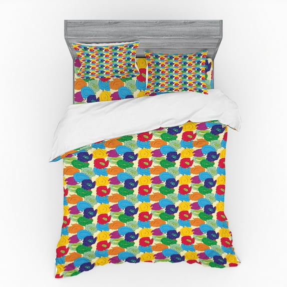 Floral Duvet Cover Set, Repetitive Colorful Hand Drawn Flowers Illustration, Bedding Set with Shams and Fitted Sheet, 3 Sizes, by Ambesonne