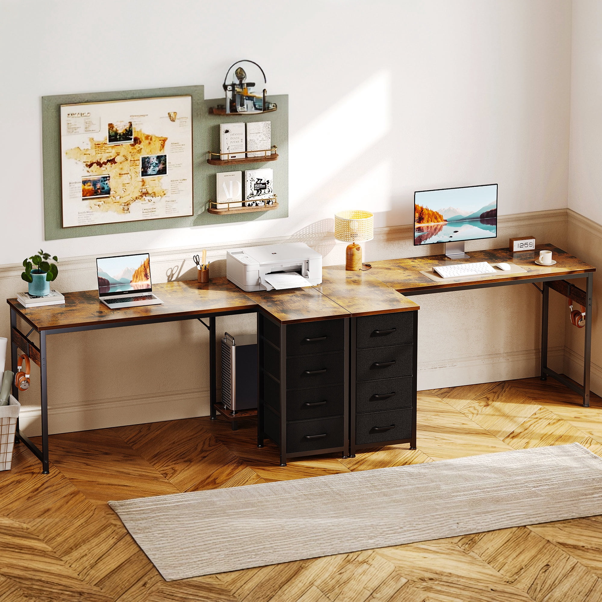 48 inch Computer Desk with 4 Fabric Drawers — Home Office Desks with Storage, Writing Desk with Side Hook, Desk Study/Work Table for Bedroom and Small Space, Vintage