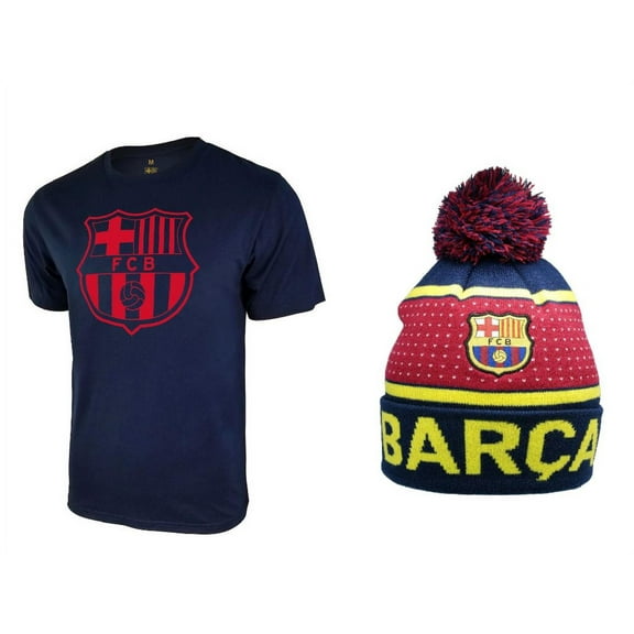 Icon Sports Men FC Barcelona Official Soccer T-Shirt and Beanie Combo 32 - Small