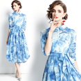 thumbnail image 1 of Dropshipping Nouvelle Robe Midi Décontractée d'Été et d'Automne avec Imprimé de Fruits, Nœud Papillon, Foulard à Col, Manches 3/4, Taille Empire, pour Femmes, Fête, Plage, 1 of 7