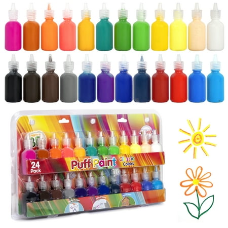 

Playkidiz 3-D Art Puff Paint Classic Colors For Kids 24 Pack Color Pack Squeeze Paint Non Toxic Puff Paint Set Washable Fabric Paint Ages 3+.
