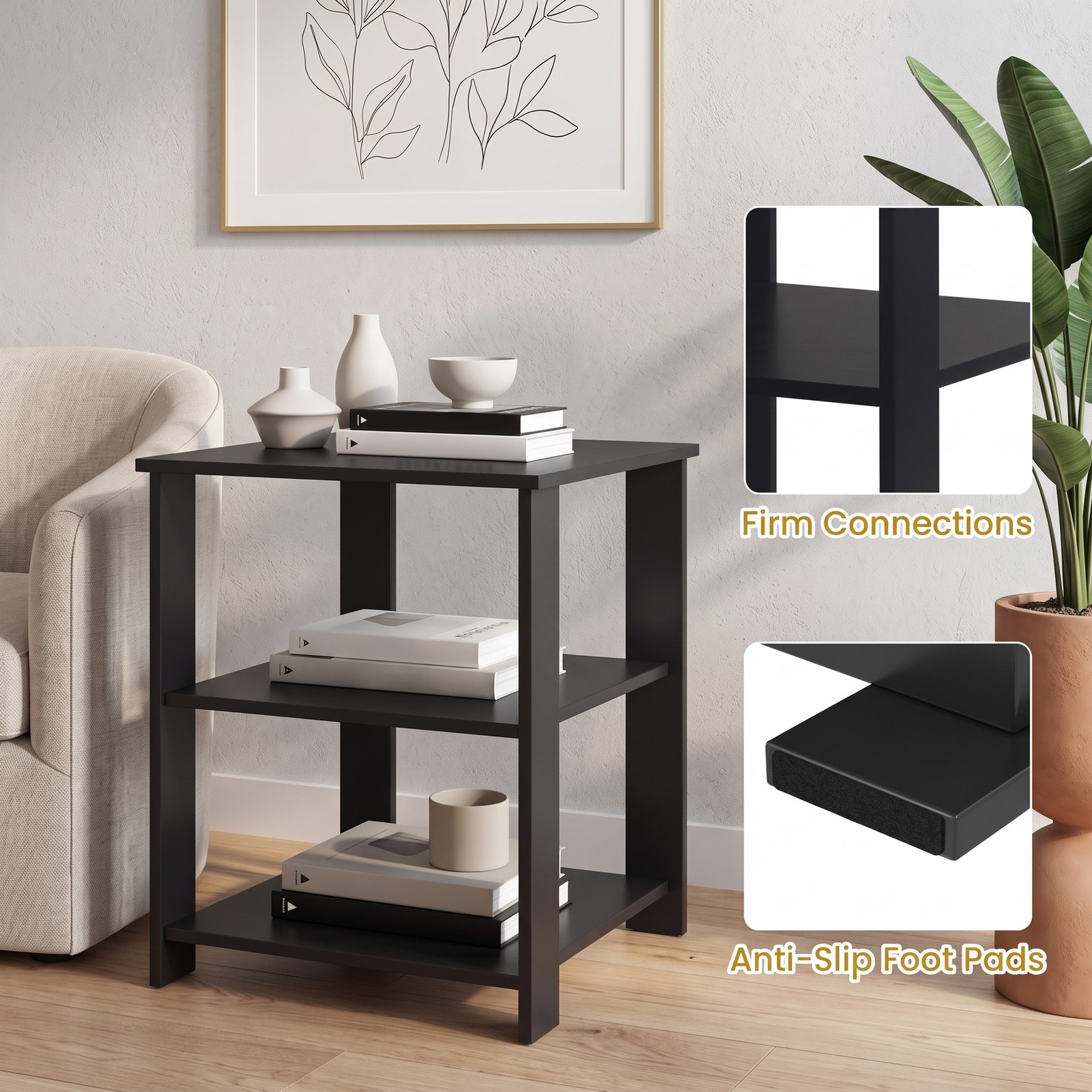 Furnibear 3-Tier Nightstand Square Side Table with Open Storage Shelves, Modern Bedside End Table Sofa Side Table for Bedroom Living Room Small Spaces, Black