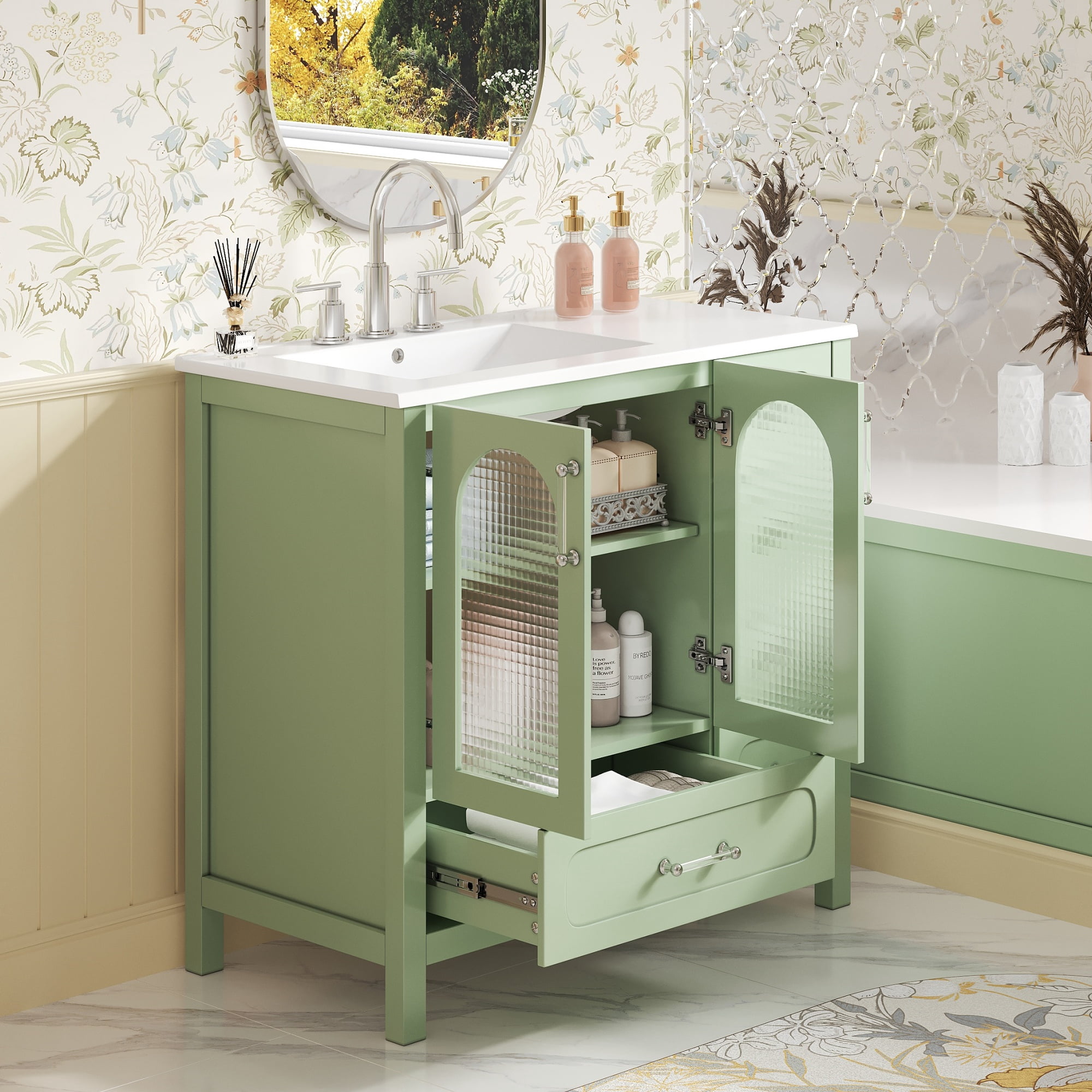 Euroco Modern Turquoise Bathroom Vanity with Waffle Glass Doors, 4 Drawers, Adjustable Shelf, and Soft-Close Hinges – Fits 8-Inch Faucet
