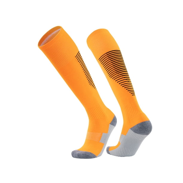 Zhuge Calcetines de fútbol, calcetines de fútbol antideslizantes hasta la rodilla para adultos, calcetines deportivos de rayas de tubo largo, calcetines de fútbol para hombres y mujeres (naranja)