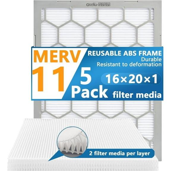 Air Filter - Furnace/HVAC, 20x16x1, MERV 11 - 5-Pack, Reusable ABS Frame - Pleated PET/PP