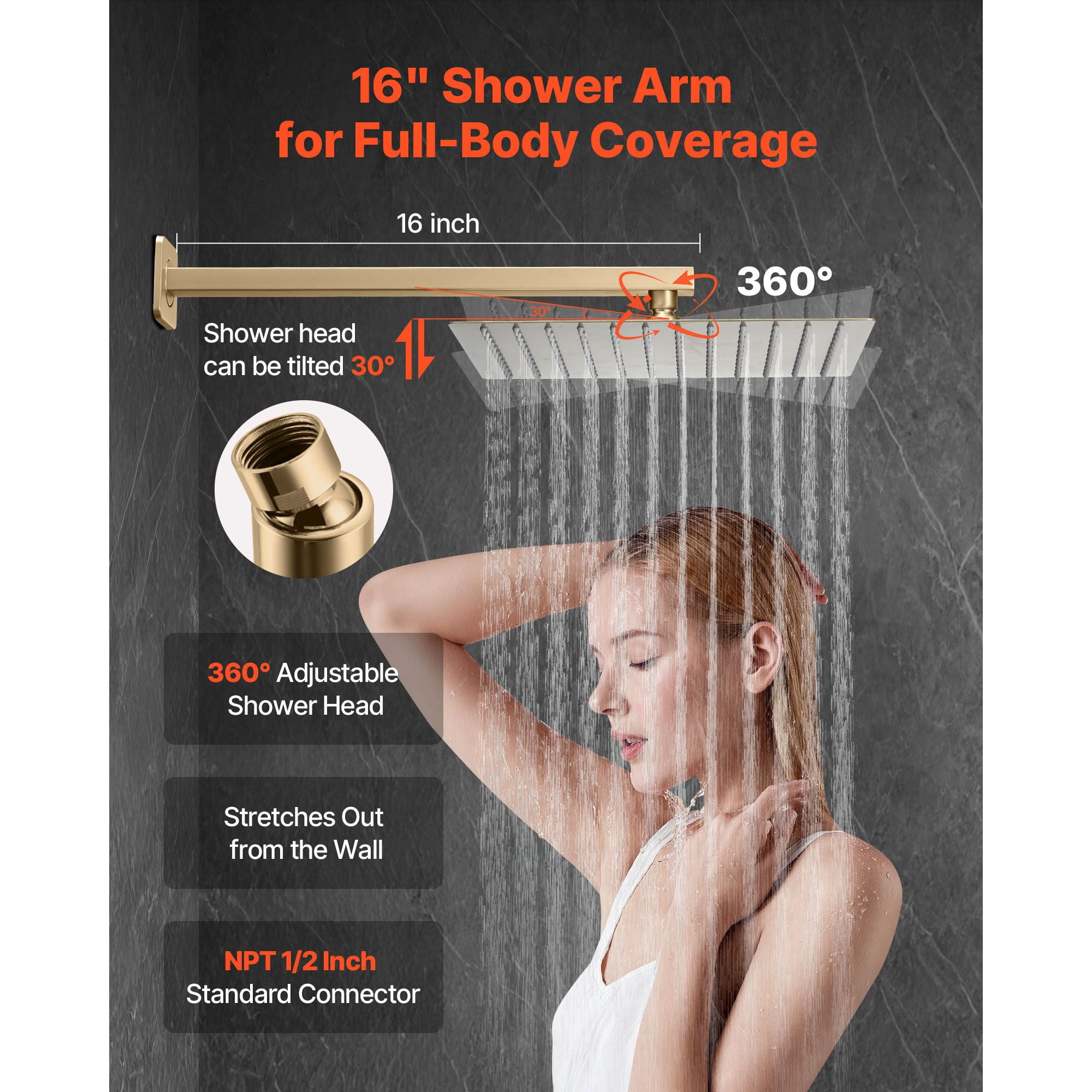 Rainfall Shower System with 12" Square Head, Handheld Spray, Brass Valve, Brushed Gold, for Bathroom Wall Mount