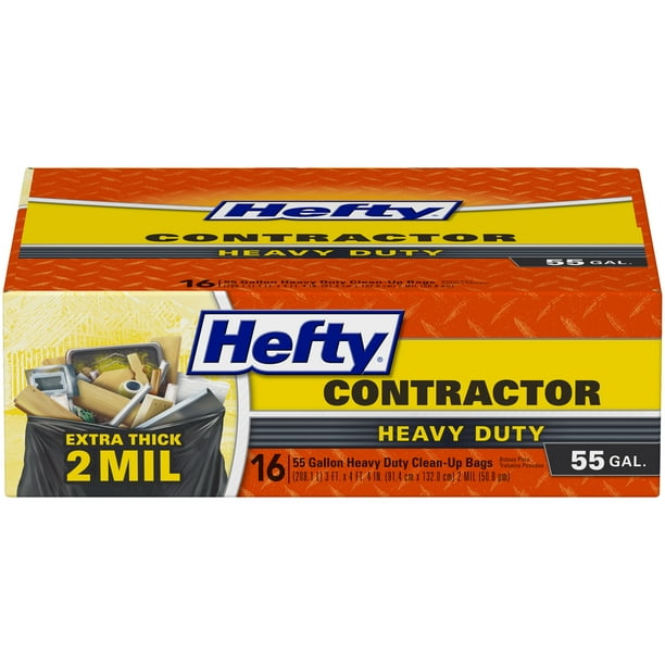 Hefty® Heavy Duty Contractor Trash Bags, 55 Gallon, 16 Bags, 2 MILS