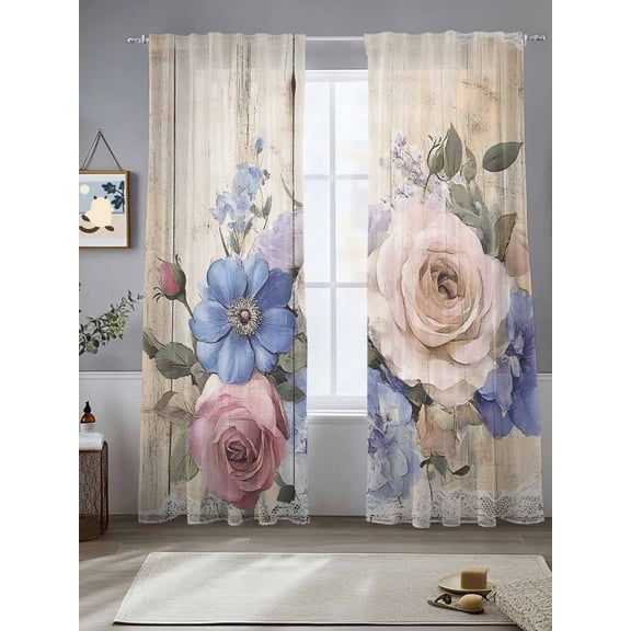 Pink Purple Roses Sheer Curtains for Living Room Bedroom Vintage Spring Botanical Wooden Sheer Curtains 96 Inch Long 2 Panels Set Light Filtering Curtain Window Treatments Drapes for Dining Room