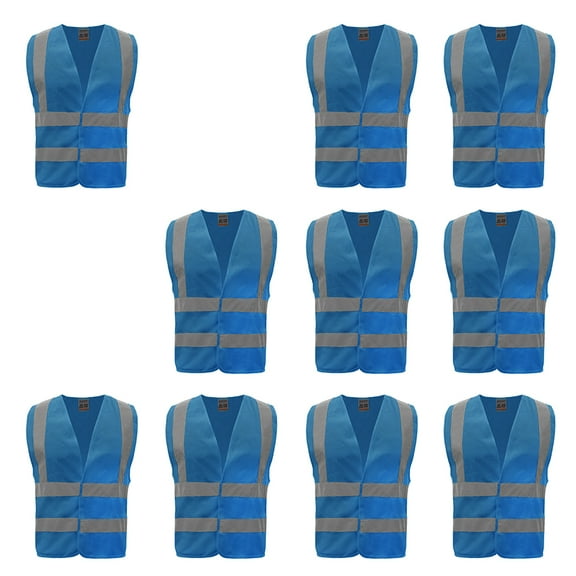 10 Pack Industrial Safety Vest with Reflective Stripes, ANSI / ISEA Class 2-Blue-XL