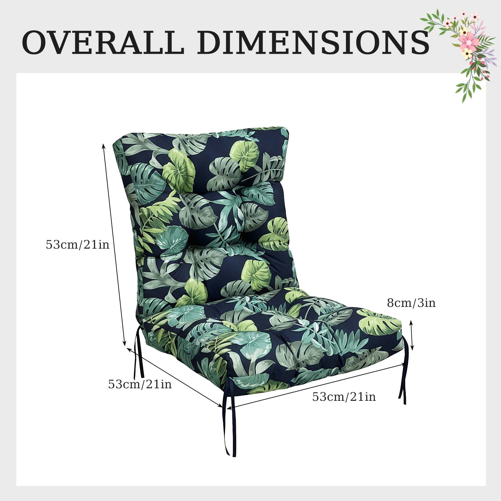 Eurhowing Waterproof Patio Rocking Chair Cushions 1-Piece, 3" Thick Outdoor Chair Cushion with Ties, Non-Slip Seat Pad for Garden Lawn Furniture, 1Pack, Green Leaves