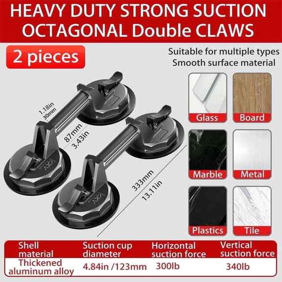 WoofWonder Heavy Duty Glass Suction Cups ABS 2-Claw, 2-Pack, 300lbs Attraction, Suitable For Glass, Granite, Tiles, Mirror, Lifting and Moving