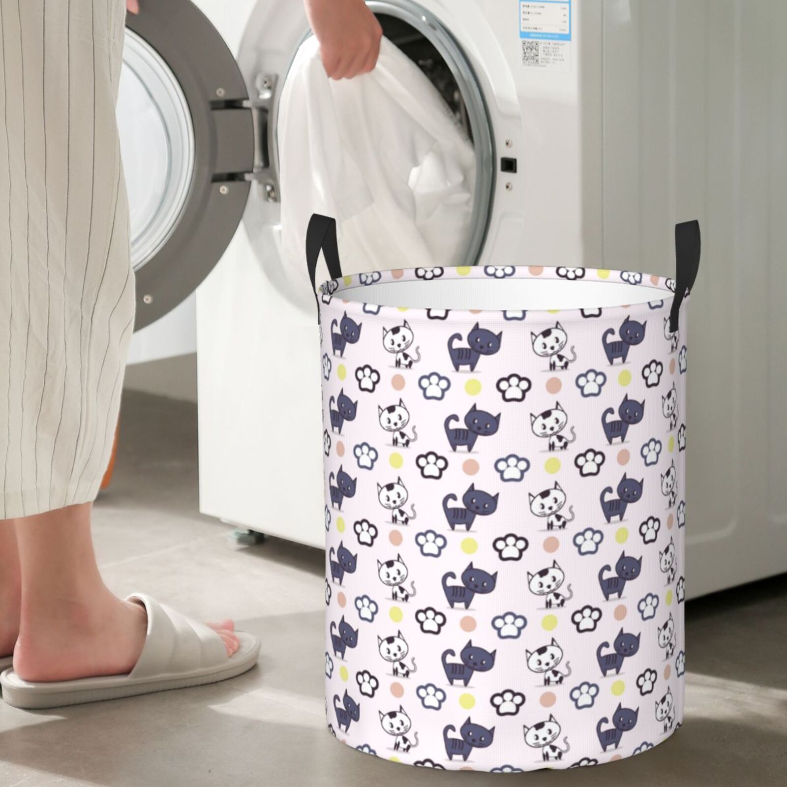 Large Laundry Basket with Handles - Cute Cartoon Mini Cat Kids Baby Dirty Clothes Laundry Hamper for Bedroom Aesthetic
