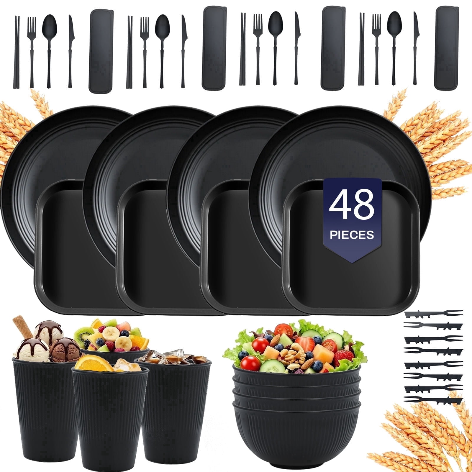 Soulgenix Wheat Straw Dinnerware Set, 48 Piece Plastic Plates and Bowls Sets for Microwave & Dishwasher Safe, Unbreakable Reusable Dish Set for Home, Dorm, Picnic, Black