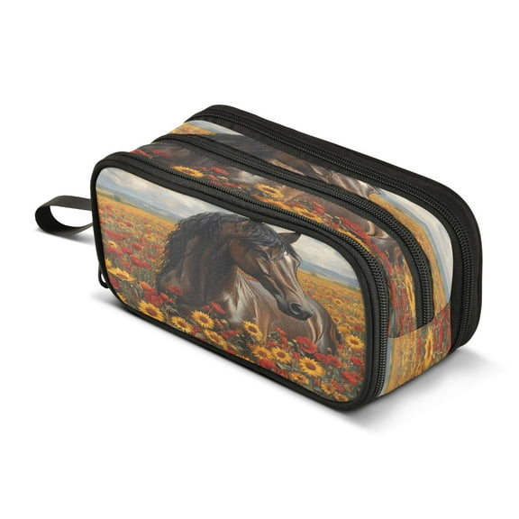 ALAZA Horse in Wild Flower Pencil Case Bag 3 Compartment Pen Pouch Large Storage Holder Box Organizer