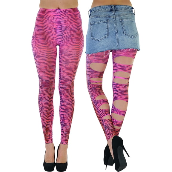 ToBeInStyle Women's Footless Slashed Zebra Print Tights - Neon Pink - One Size