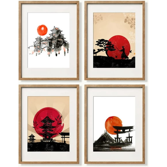Japanese Art Canvas Wall Decor - Unframed 8x10 Set of 4, Modern Minimalist Asian Oriental Decor for Living Room, Samurai Armor Warriors Prints Posters for Bedroom, Japan Red White Art Office Gifts
