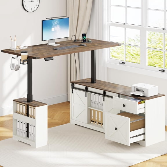 ANPOO Farmhouse Electric Standing Desk with Storage and Power Outlets, 63" Height Adjustable Computer Desk with Storage Drawers & Sliding Barn Door, L Shaped Standing Computer Desk for Home Office
