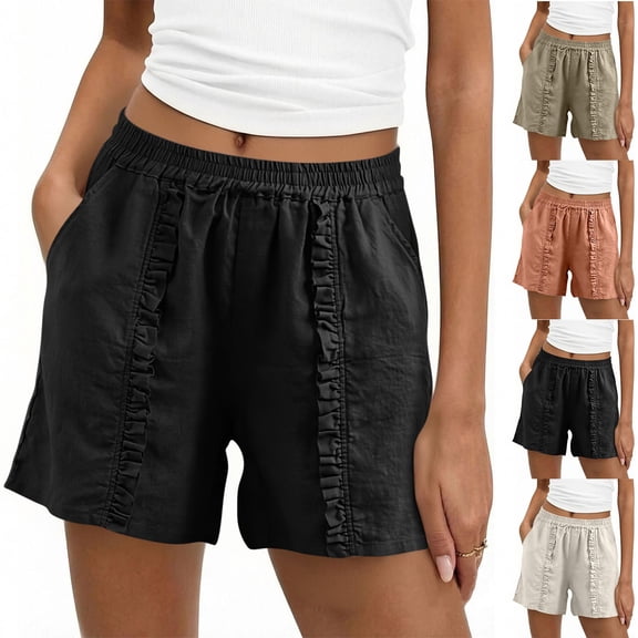 FRSASU Women's Linen Cotton Elastic Waist Drawstring Bermuda Shorts Hollowed Lace Summer Beach Shorts with Pockets Orange-A