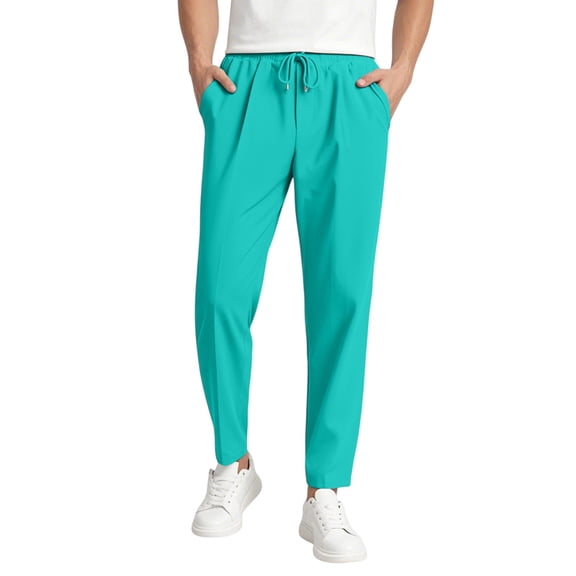 Dwellite Men's Casual Pants Fit Elastic Waist Drawstring Twill Pants Straight Leg Pants with Pocket Cyan L